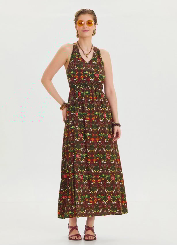 V Neck Slit Green Floral Dress 4643